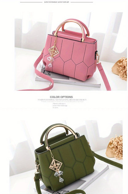 2025 New Women's Geometric Hexagon Pattern Crossbody Bag with Adjustable Strap & Golden-Tone Hardware - Zipper Closure, Polyester Lining, Multiple Colors (Khaki/Dark Gray/White/Pink/Red/Black) - Versatile for Casual & Formal