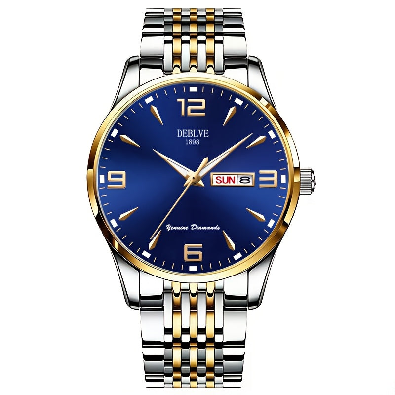 DEBLVE Men's Sleek Business Watch - Ultra-Thin Alloy, Luminous Hands, Calendar & Week Display, Waterproof, Sporty Steel Strap with Secure Clasp