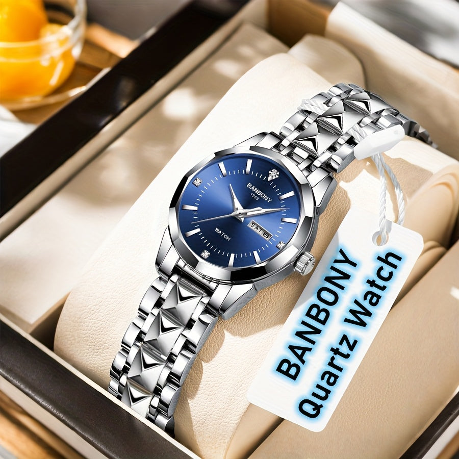 1pc BANBONY Women's Stainless Steel Quartz Watch with Rhinestone Accents, Scratch-Resistant Luminous Dial, IPX7 Waterproof, Week Calendar Display, Blue Dial & Golden-Tone Case - Luxury Casual Sports Watch for Birthdays, Holid