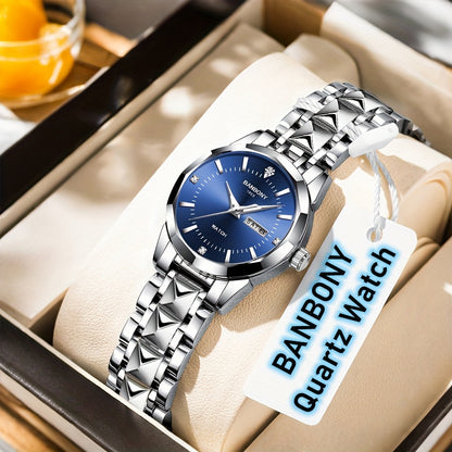 1pc BANBONY Women's Stainless Steel Quartz Watch with Rhinestone Accents, Scratch-Resistant Luminous Dial, IPX7 Waterproof, Week Calendar Display, Blue Dial & Golden-Tone Case - Luxury Casual Sports Watch for Birthdays, Holid