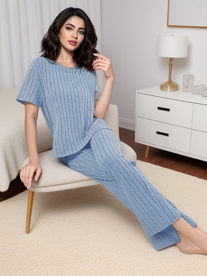 Women's Solid Ribbed Elegant Loose Fit Lounge Set, Short Sleeve Round Neck Top & Pants, Comfortable Relaxed Fit