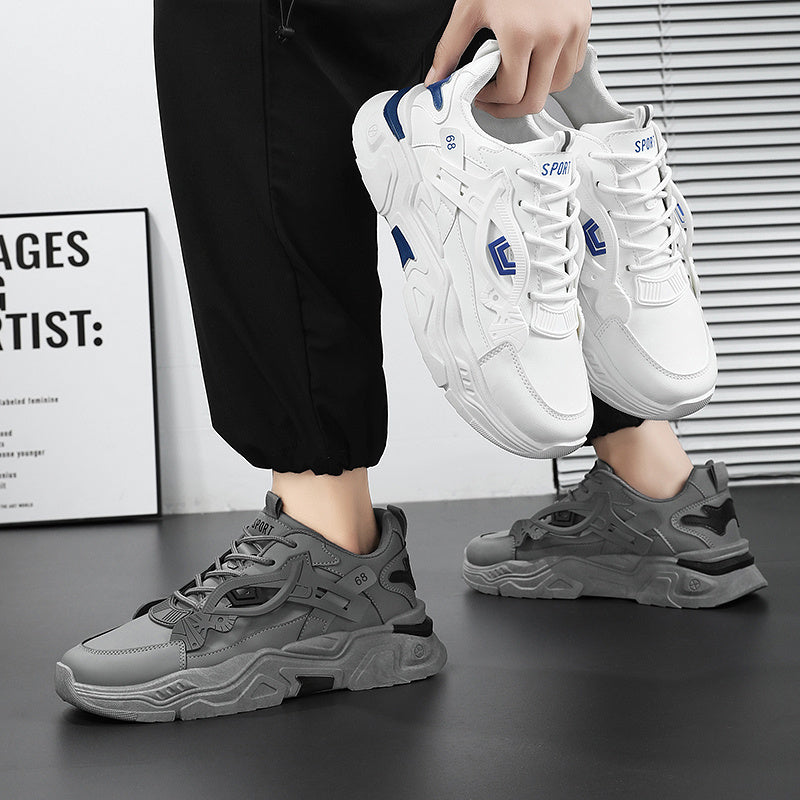 Men's White & Blue Geometric Accent Casual Sneakers - Low-Top Lace-Up Breathable PU Upper, Cushioned EVA Insole & Durable Rubber Sole for All-Season Casual Attire, Shoes Sneakers, Allseason Footwear, Sleek Shoe Design, Fabric