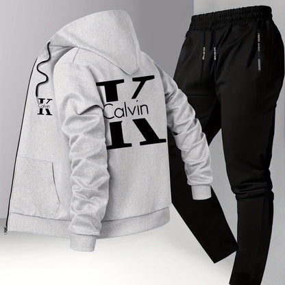 Men's Trendy Autumn/Winter Hooded Jacket and Shirt Two-Piece Set with CK Print, Casual Business Outfit, Youth Leisure Baseball Uniform Stand Collar Suit