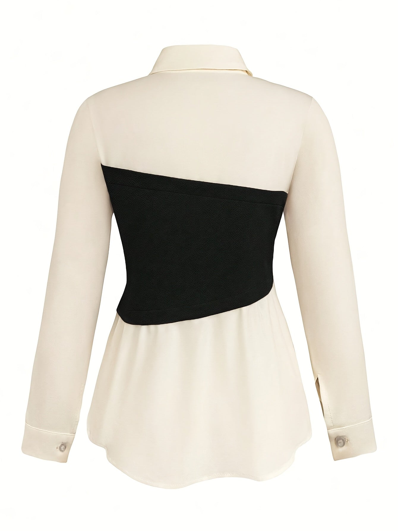 Elegant daily commuting two-piece set for ladies, featuring a color-blocked and pieced-together shirt and wide-leg trousers, suitable for all four seasons and machine washable.