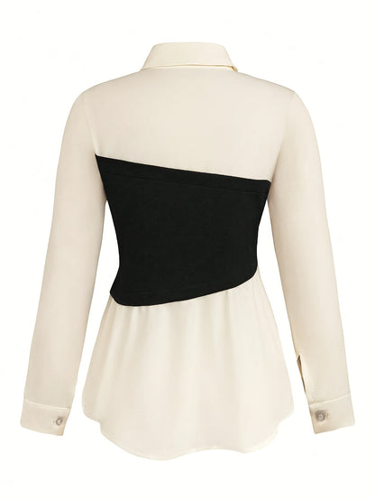 Elegant daily commuting two-piece set for ladies, featuring a color-blocked and pieced-together shirt and wide-leg trousers, suitable for all four seasons and machine washable.