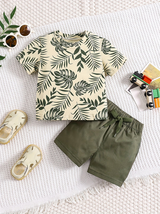 Boys' Tropical Leaf Print Cotton Blend Casual Outfit - Short Sleeve Tee & Drawstring Shorts Set, Machine Washable for Spring/Summer, Perfect for Outdoor