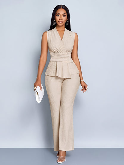 Women'S Elegant Beige V-Neck Sleeveless Top + Wide-Leg Pants Two-Piece Set, Asymmetrical Hem Two-Piece Casual Attire for Women, Spring And Summer Sleeveless Short Shirt Outfit, Office Wear for Mature Women, Business Casual St