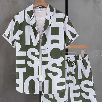 Men's Suit with Black and White Letter Print, Short Sleeve, Open Collar Shirt and Shorts, Casual Set