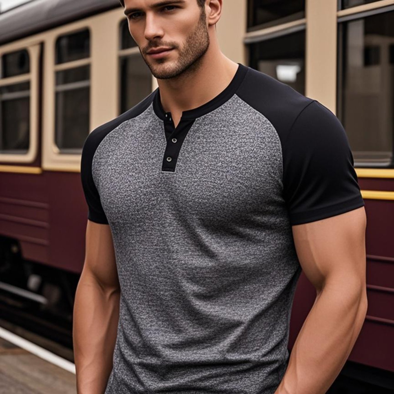 Men's Summer Classic Raglan Henry Collar Casual T-Shirt - Breathable Solid Color Short Sleeve Tee, Regular Fit for Casual Attire, Casual T Shirts, Twotone Design, Comfortable Fit Shirt