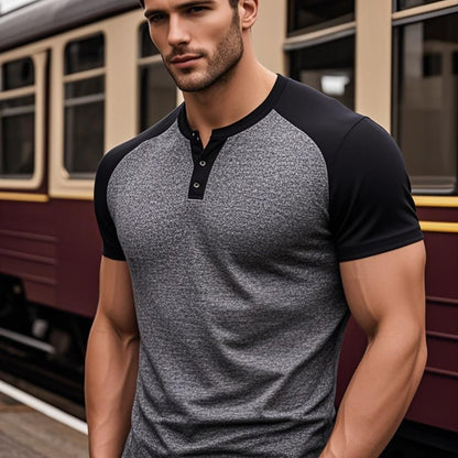 Men's Summer Classic Raglan Henry Collar Casual T-Shirt - Breathable Solid Color Short Sleeve Tee, Regular Fit for Casual Attire, Casual T Shirts, Twotone Design, Comfortable Fit Shirt