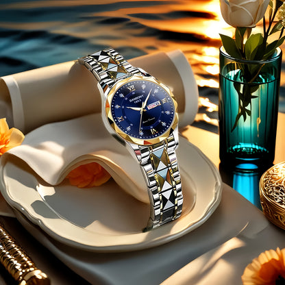 1pc Elegant BANBONY Stainless Steel Women'S Watch with Sparkling Rhinestones, Double Calendar, Glow-in-the-Dark Display, Waterproof - Ideal Gift for Birthdays, Anniversaries, and Special Occasions, Luxury Accessory | Elegant