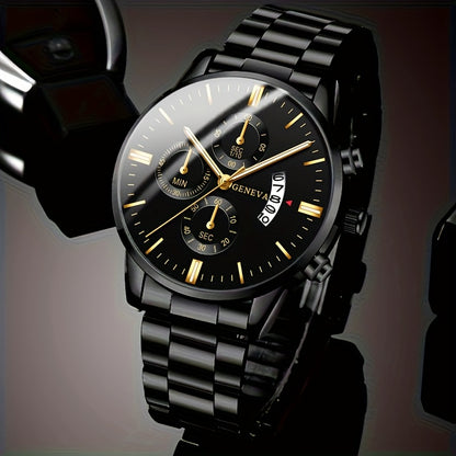 Men'S Business Round Quartz Watch with Calendar Display, Black Stainless Steel Strap, Electronic Movement, Perfect Gift for Valentine'S Day, Easter, Halloween, Ramadan, Birthdays, Christmas