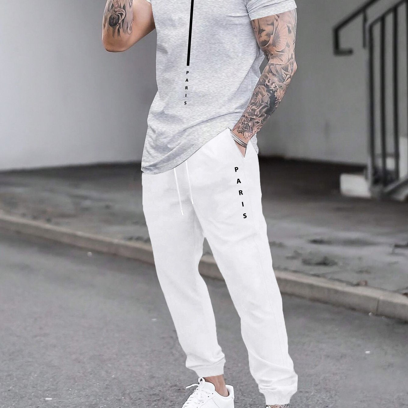 1set Men'S Casual Sportswear Set, Geometric Pattern Short Sleeve T-Shirt and Drawstring Joggers, Knitted Polyester and Elastane Blend, Round Neck, Regular Fit, Four Seasons Outfit
