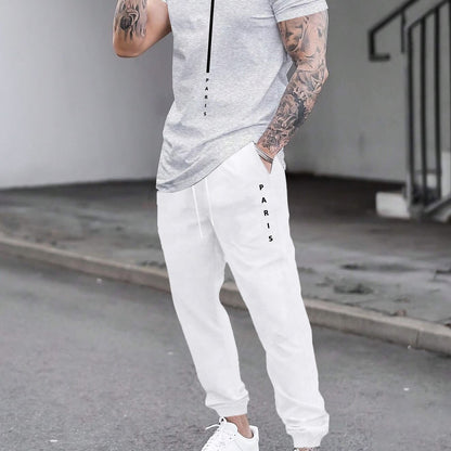 1set Men'S Casual Sportswear Set, Geometric Pattern Short Sleeve T-Shirt and Drawstring Joggers, Knitted Polyester and Elastane Blend, Round Neck, Regular Fit, Four Seasons Outfit