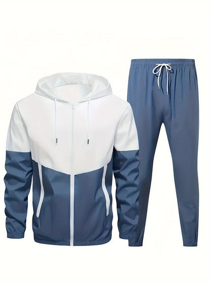 2pcs Men's Hooded Tracksuit - Lightweight Polyester Active Wear Set For Spring/Autumn With Pockets, Long Sleeve Jacket And Jogger Pants