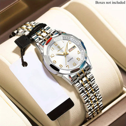 Elegant Women'S Quartz Watch with Date Display - Waterproof, Durable Zinc Alloy Case & Stainless Steel Band, Golden-Tone Dial, Ideal for Casual Attire & Gifting, Waterproof Watch | Elegant Timepiece | Quartz Movement
