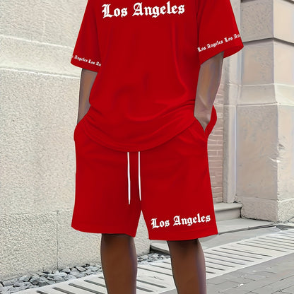 Men'S Los Angeles Graphic Print Casual Sportswear Set - Breathable Summer Short Sleeve T-Shirt & Drawstring Shorts with Pockets, Regular Fit, Crew Neck, Comfortable & Stylish for Casual Attire, Leisure Clothing | Trendy Sport