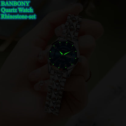 Banbony Women'S Quartz Watch - Luxury IPX7 Waterproof Stainless Steel Strap, Luminous Display, Rhinestone Accents, Date & Night Light, Minimalist Black Dial, Perfect Gift for Women, Casual Timepiece, Elegant Timepiece, Highqu