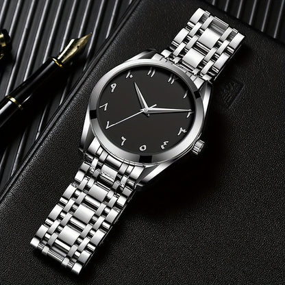 Men's Casual Arabic Numerals Quartz Watch - Scratch-Resistant HD Dial, IPX7 Waterproof, Stainless Steel Strap, Black & Golden Accents - Perfect Gift for Birthdays, Holidays & Family Reunions, Reliable Timepiece, Contemporary