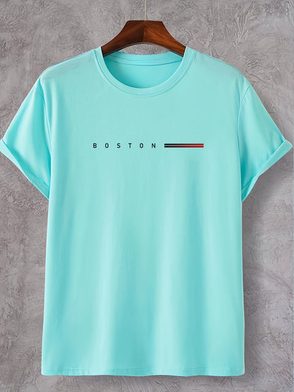 Men's Heavyweight 180gsm Cotton T-Shirt - Dark Gray Crew Neck Tee with Bold "Boston" Print, All-Season Everyday & Formal Shirt for Men - Machine Washable Luxury Casual Top, Versatile Clothing, Modern Design, Premium Fabric, S