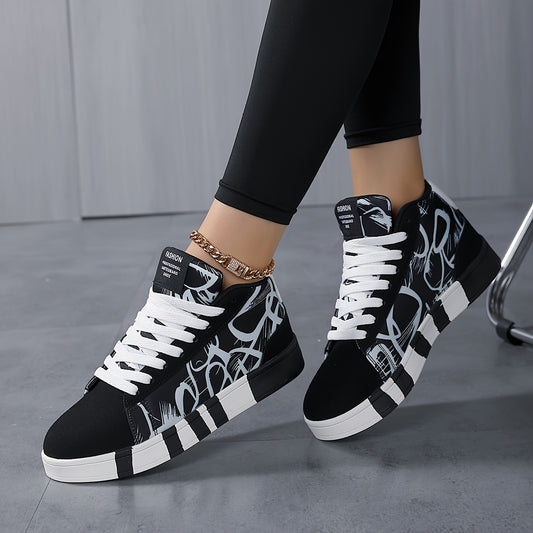 Women'S High-Top Casual Skate Shoes, Black and White Graffiti Design, Lightweight Fabric Lining, All-Season Rubber Sole Sneakers for Outdoor Sports and Hiking, Skate Shoes