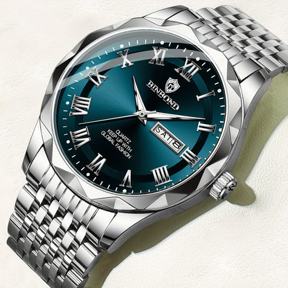 BINBOND Men'S Quartz Watch - Waterproof, Stainless Steel, Luxury Business Style with Stopwatch & Date Display, Blue & Silvery Dial, Electronic Movement, IP67 Rating, Elegant Male Wristwatch for Professional or Casual Wea