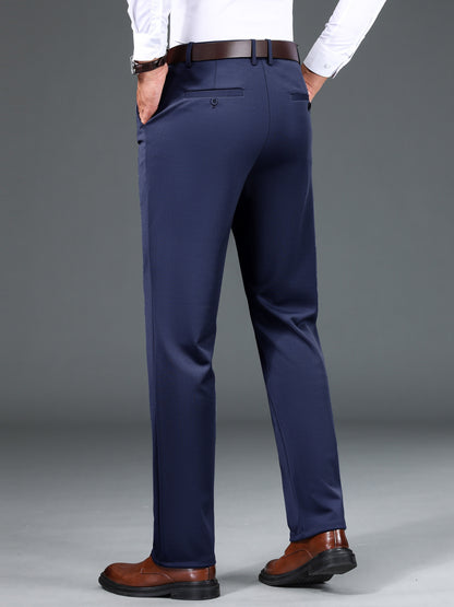 1pc Men'S Warmth Business Casual Pants, Fall/Winter Fleece-Lined Thickened Straight-Leg Trousers with Slant Pockets, Solid Color Knit Fabric Regular Fit Dress Pants with Zipper Closure, Medium Stretch Polyester