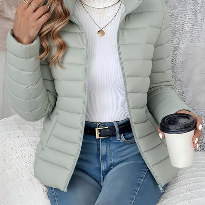 Women's Lightweight Winter Coat - Elegant Stand Collar Long Jacket, Machine Washable Cold Weather Outerwear for Fall/Winter, Formal & Everyday Use - Elegant Women's Outerwear, Casual Cold Wear, High Collar Design, Zipper Clos