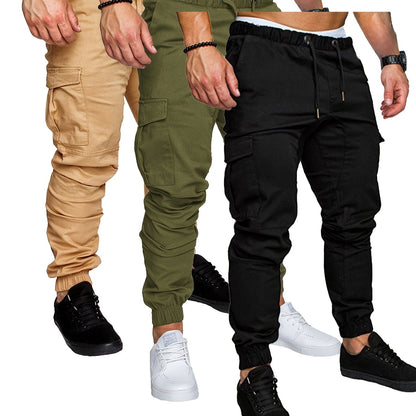3-Pack Men'S Casual Cotton Cargo Pants, Solid Color, Non-Stretch, Regular Length, Drawstring Waist, Four Seasons, Standard Fit, Woven Fabric
