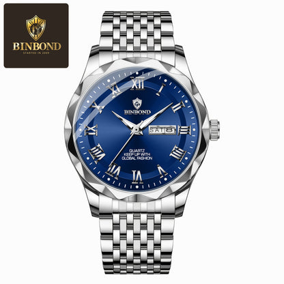 BINBOND Men'S Quartz Watch - Waterproof, Stainless Steel, Luxury Business Style with Stopwatch & Date Display, Blue & Silvery Dial, Electronic Movement, IP67 Rating, Elegant Male Wristwatch for Professional or Casual Wea