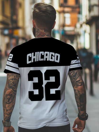 OBM Men's Chicago 32 Graphic Print T-Shirt - 100% Polyester Casual Short Sleeve Tee with Bold Numerals, Machine Washable Summer Streetwear Top, Chicago T Shirt, Urban Style, Sporty Look, Durable Material, Urban Lifestyle