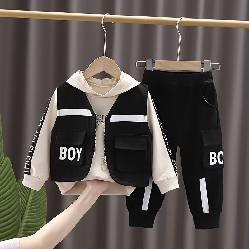 3pcs Boy's Letter Print Hoodie Outfits, Casual Hoodies Long Sleeve Pullover Hooded Sweatshirt & Pants & Vest Set, Ideal For Daily & Outdoor Wear