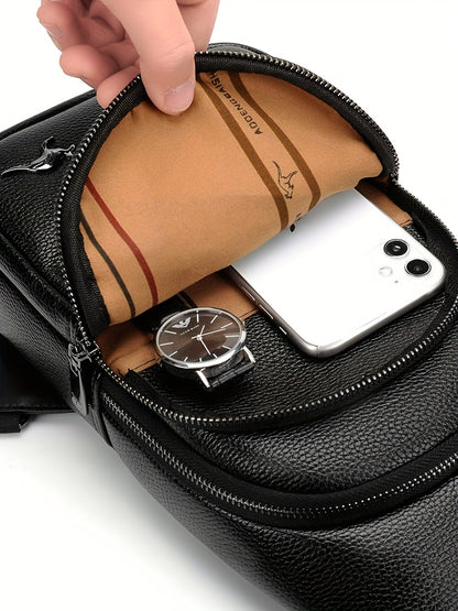 MOEPEQDAISHU Men's Synthetic Leather Crossbody Bag - Adjustable Strap, Multiple Compartments, Casual Style, Black, Perfect for Daily Commute, Casual Crossbody Bag | Modern Men's Bag | Textured Finish, Purse Crossbody