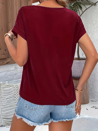 Women'S Chic Lace Trim Round Neck Short Sleeve T-Shirt - Loose Fit, Breathable Summer Top with Contrast Lace Detail, White, Casual Wear, Casual Summer Top | Lace Trim Top | Delicate Lace Detail