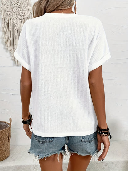 Women'S Summer Notched V-Neck Button-Up Casual T-Shirt - White, Short Sleeve, Casual Style, Casual Summer Wear|Vneck Tshirt|Short Sleeve Shirt