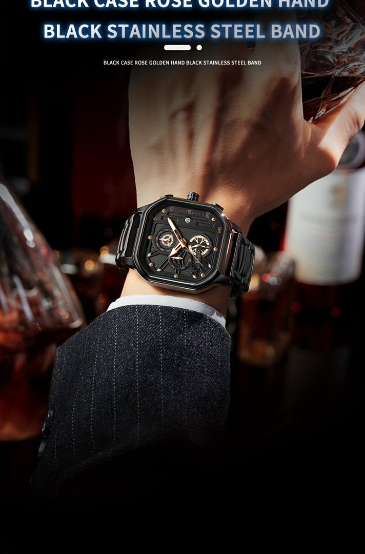 BASID Men's Elegant Square Analog Quartz Watch with Date Display & Stopwatch - Stainless Steel Strap, Black Dial - Casual & Dress Watch for Men, Unique Gift Idea, Versatile Wristwatch, Sleek Watch Design, Polished Finish