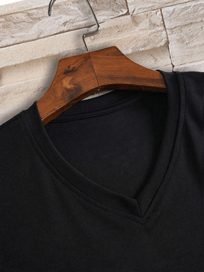 Men'S V-Neck Short Sleeve T-Shirt - Lightweight & Breathable, Casual Fit, Solid Black, Perfect for Summer, High-Quality Knit Fabric, Everyday Tshirt | Casual Style | Comfortable Fit