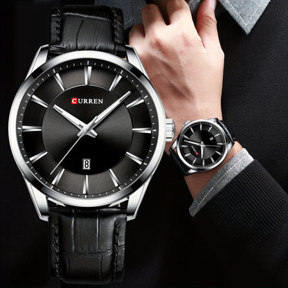 CURREN Minimalist Business Men'S Quartz Watch with Faux Leather Strap And Large Dial with Date, Suitable for Women