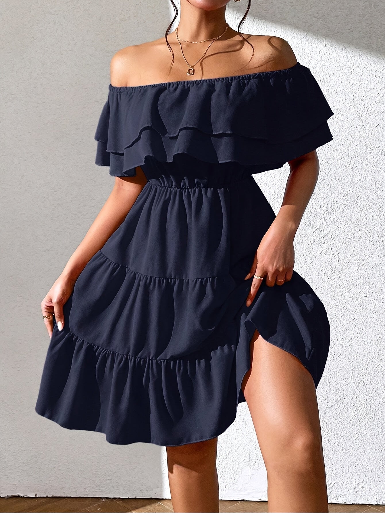 Կանացի «Off the Shoulder Ruffle» Casual զգեստ, պոլիեսթեր 100%, միաձույլ, կահավորված, հյուսված, բոլոր սեզոնների համար