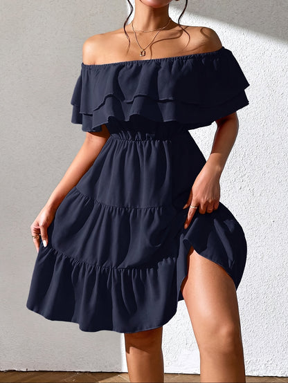 Կանացի «Off the Shoulder Ruffle» Casual զգեստ, պոլիեսթեր 100%, միաձույլ, կահավորված, հյուսված, բոլոր սեզոնների համար