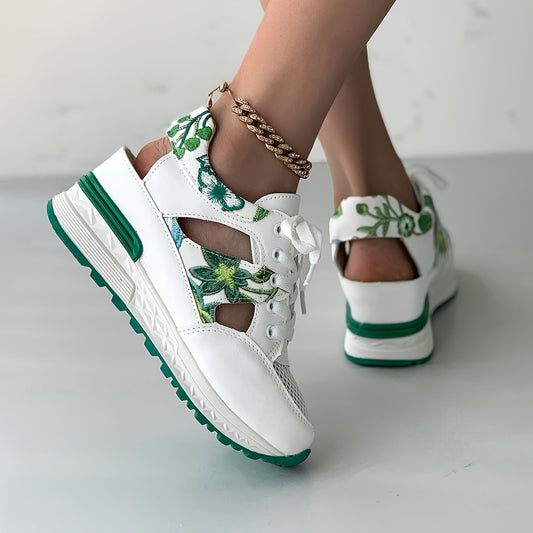 Women's New Fashion Leaf Floral Versatile Casual Lightweight Breathable Mesh Outdoor Sports Sandals with Thick Soft Sole for Height Boost