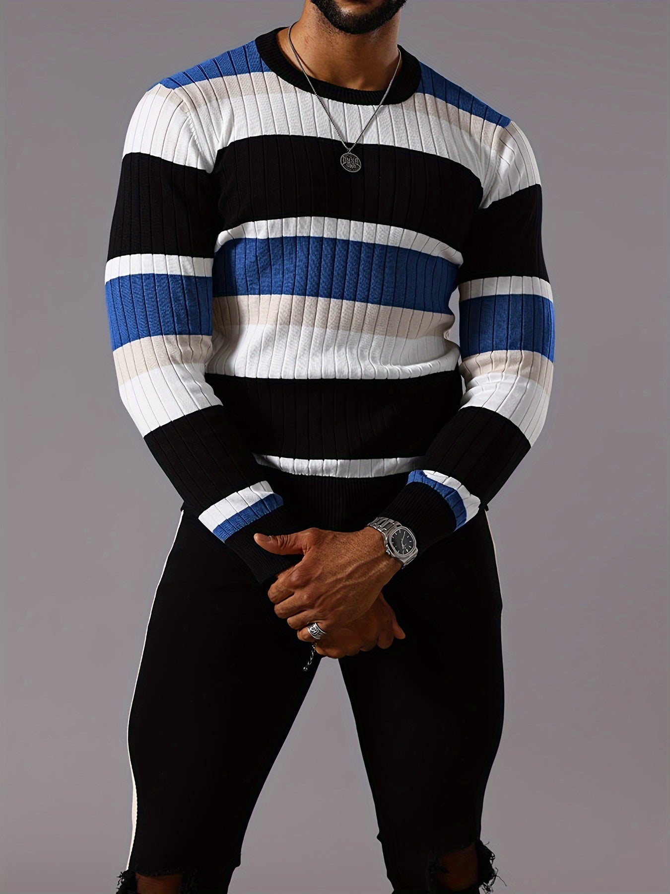 Men's Striped Color-Block Ribbed Knit Sweater - Long Sleeve Round Neck Pullover with Elastic Comfort Fit, Machine Washable Casual Fall Winter Top in Black/White/Green/Beige, Knit Sweater, Medium Elasticity