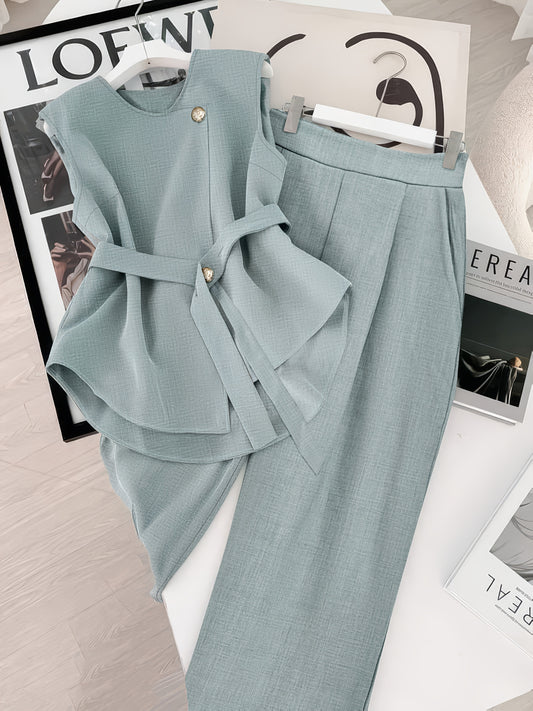 Stylish Design Solid Color Top and Wide-Leg Pants Set, Elegant Outfit