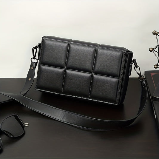 caivektine Men's Stylish Black Crossbody Bag - Adjustable Strap, Quilted Grid Design, Casual Business Shoulder Bag for Everyday Outings, Casual Business Bag | Sleek Modern Bag | Adjustable Strap Bag, Small Crossbody Bag