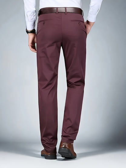 [Durable Build] Men's All-Season Casual Dress Pants - Business Style Stretch Trousers, Comfortable Classic Design, Light Brown Polyester Blend, Machine Washable, Smooth Finish, Regular Fit for Office or Leisure Wear