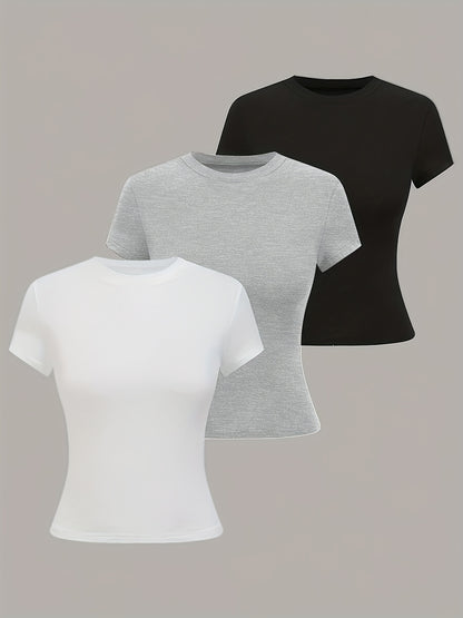 3pcs Women'S Basic Crew Neck Short Sleeve Crop T-Shirts in Black, White, and Gray - Slim Fit, Stretchy Polyester Blend, Cute & Versatile for Spring/Summer, Casual Outings, Vacation Attire | Basic Crop Top | Textur