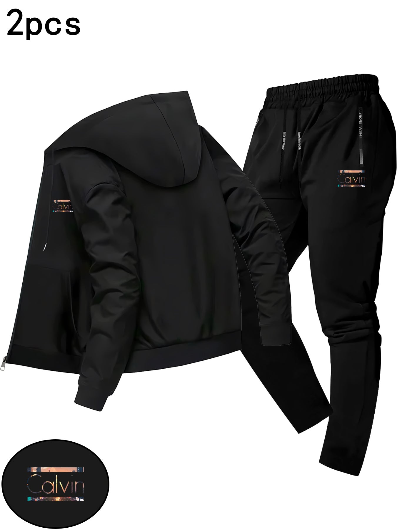 Men'S Trendy Fall/Winter Hooded Jacket Two-Piece Set Calvin Print, Casual Youth Casual Sports Jacket Set