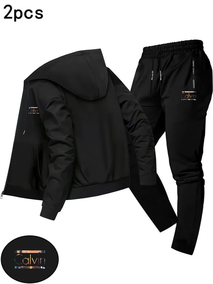 Men'S Trendy Fall/Winter Hooded Jacket Two-Piece Set Calvin Print, Casual Youth Casual Sports Jacket Set