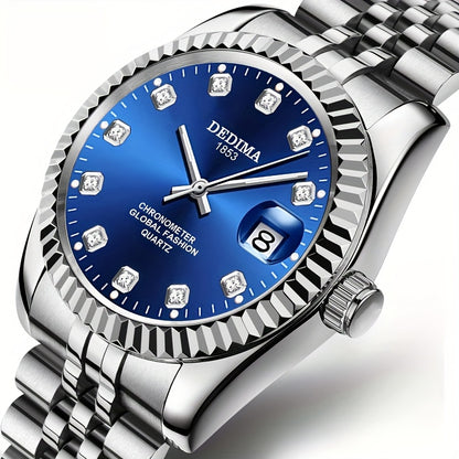DEDIMA Elegant Stainless Steel Band Calendar Watch, Quartz Movement, Round Dial with Rhinestones, Battery-Powered, Non-Rechargeable Button Battery, Regular Cleaning, for Men, Women, Students, Christmas, Valentine'S Day, Thank