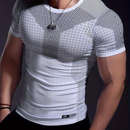 A Black And White Patterned Print Design, Men'S Sporty Fashion, Geometric Print High-Elastic Tight-Fitting Short-Sleeve Round-Neck T-Shirt, Quick-Drying Sports Top for Summer Fitness, Training, And Workout, with a Cool Feel,